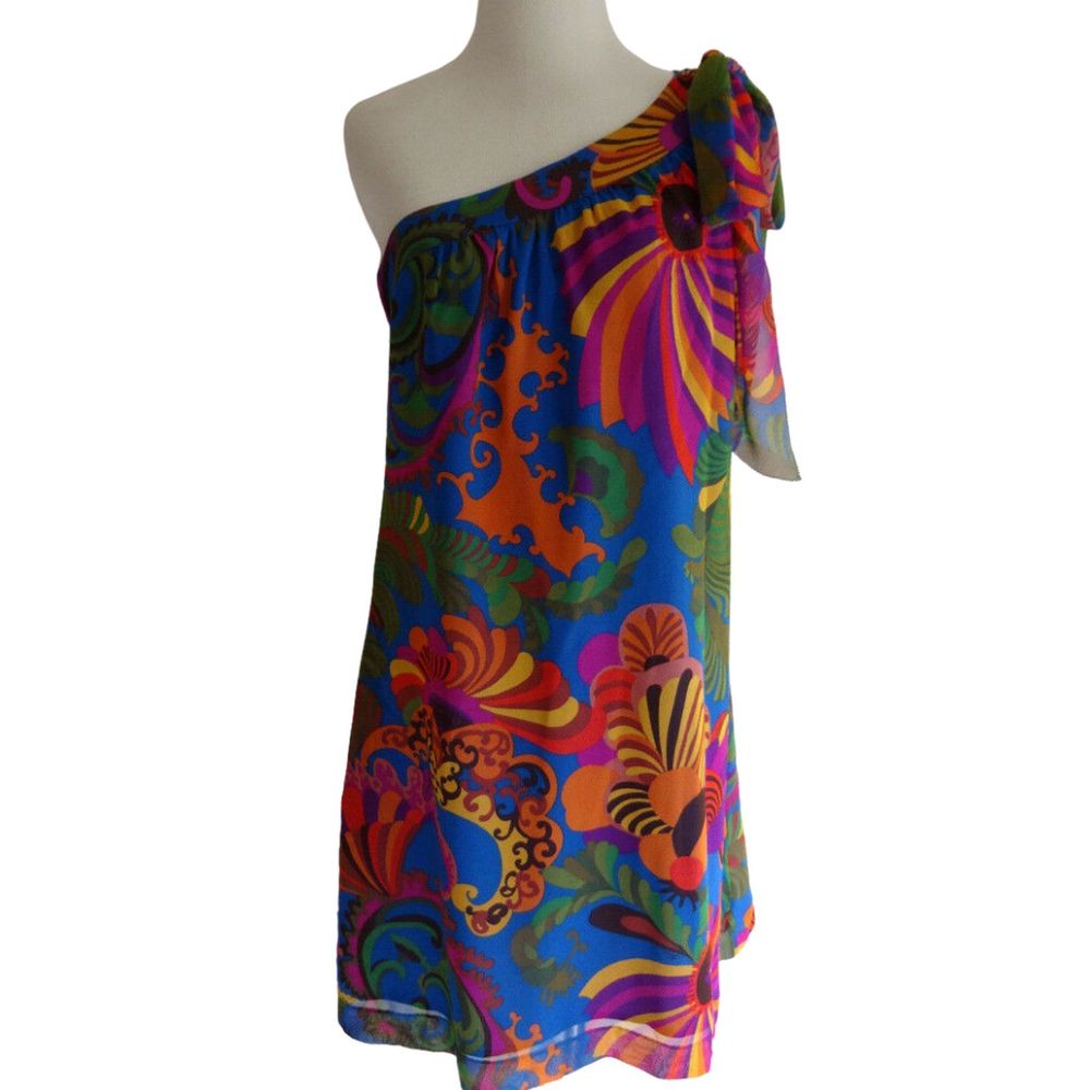 Trina Turk One-Shoulder Multicolor Floral-Abstract Shift Dress